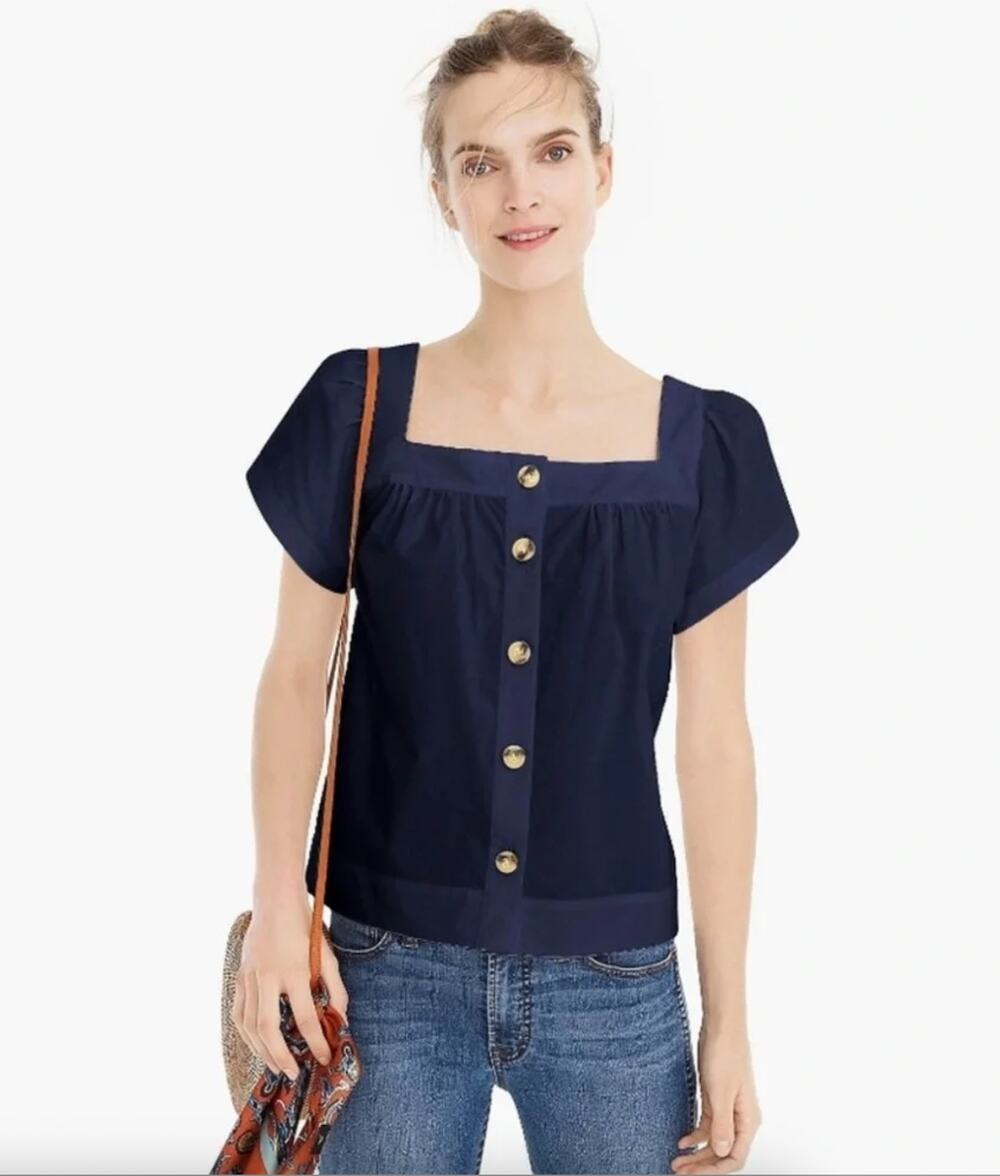 J. Crew Point Sur Button-Front Square Neck Top Cotton Poplin Navy L3037 Size S